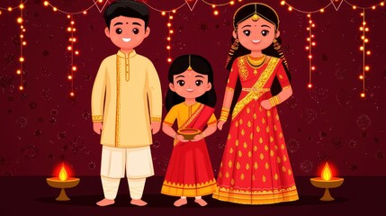A family dressed in colorful traditional attire, celebrating Diwali together, surrounded by glowing lights and festive decorations, joyful mood