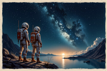 Obraz premium Two astronauts stand on a rock, overlooking a wide body of water