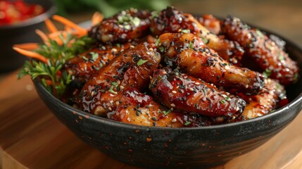 Close-Up of Delicious, Juicy, Spicy Glazed Chicken Wings in Black Bowl, Perfect for Food Photography