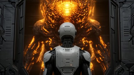 Humanoid robot standing in front of a giant alien machine, glowing with ancient power