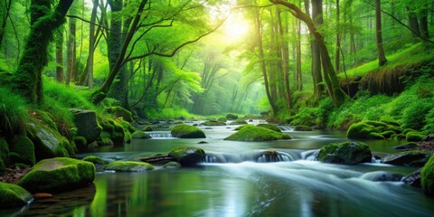 Tranquil scene of water flowing through lush forest with vibrant greenery , nature, forest, river, stream, flowing, water