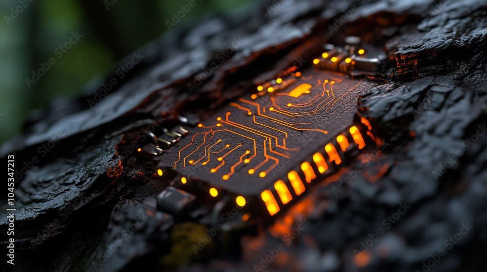 Poster a glowing circuit board embedded in a charred tree bark, symbolizing technology's impact on nature.