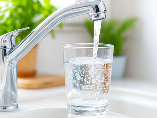 
Filling up a glass with drinking water from kitchen tap