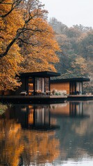 Fototapeta premium Serene River Retreat with Minimalist Wooden Cabins