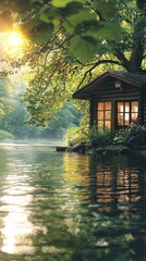 Fototapeta premium Serene Cabin by the Riverside with Large Windows