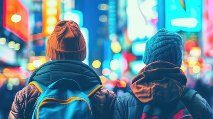 Obraz premium Two individuals explore a vibrant cityscape filled with colorful lights and dynamic energy, enjoying their urban adventure.
