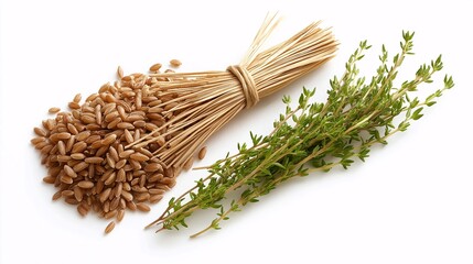 Wheat and Thyme Still Life: Rustic charm meets culinary elegance in this image of raw wheat berries and a sprig of fresh thyme.