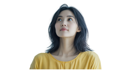 Young woman with long black hair gazing upward while wearing a yellow top against a transparent background.