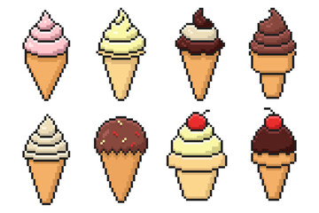 Pixel Art Cartoon Ice Cream Cone Set. Vector illustration