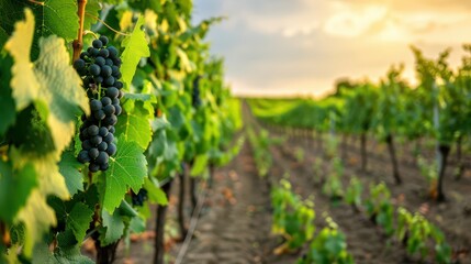 Vibrant vineyard under a golden sunset showcasing ripe grape clusters, highlighting nature's beauty and agricultural abundance.