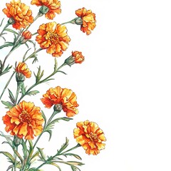 floral watercolor border frame with beautiful orange marigold flowers on white background with copy space