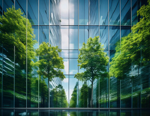 Exemplifying the ESG - Environmental, Social, Governance concept, a corporate glass building facade reflects green trees. Importance of integrating sustainability into business practice.