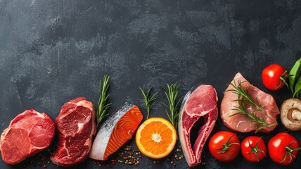 Fresh culinary ingredients showcase with meat, fish, fruits, and vegetables