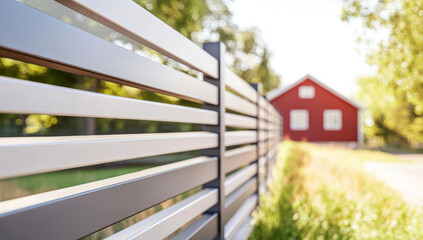 Fototapeta premium Modern gray metal fence with horizontal slats in rural landscape