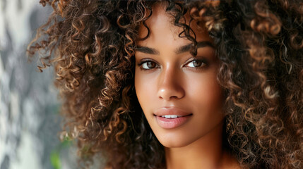 Fototapeta premium A stylist using specialized curly haircare products in a salon, showing off well-defined, voluminous curls
