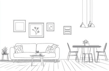 Modern living room interior with sleek architectural drawing style