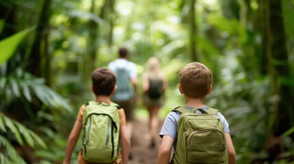 Children exploring a lush jungle, enjoying nature and adventure on a family hike through the vibrant greenery.