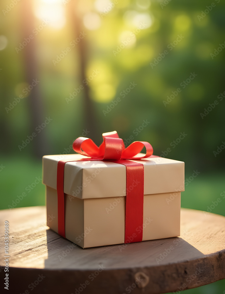 Aufkleber Gift box sits on a wooden table in a natural setting with plenty of empty space around it visually.