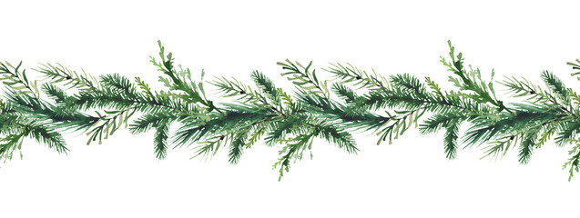 Watercolor Christmas green fir tree branches seamless border frame. Winter evergreen thuja, juniper, pine twigs garland. New Year hand drawn illustration. Watercolour artistic template design.