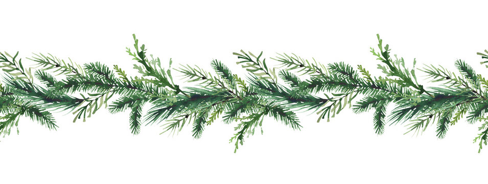 Watercolor Christmas green fir tree branches seamless border frame. Winter evergreen thuja, juniper, pine twigs garland. New Year hand drawn illustration. Watercolour artistic template design.