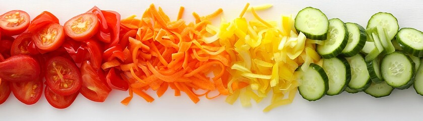 A close-up of bright fresh ingredients like sliced cucumbers, cherry tomatoes, shredded carrots, and bell pepper strips