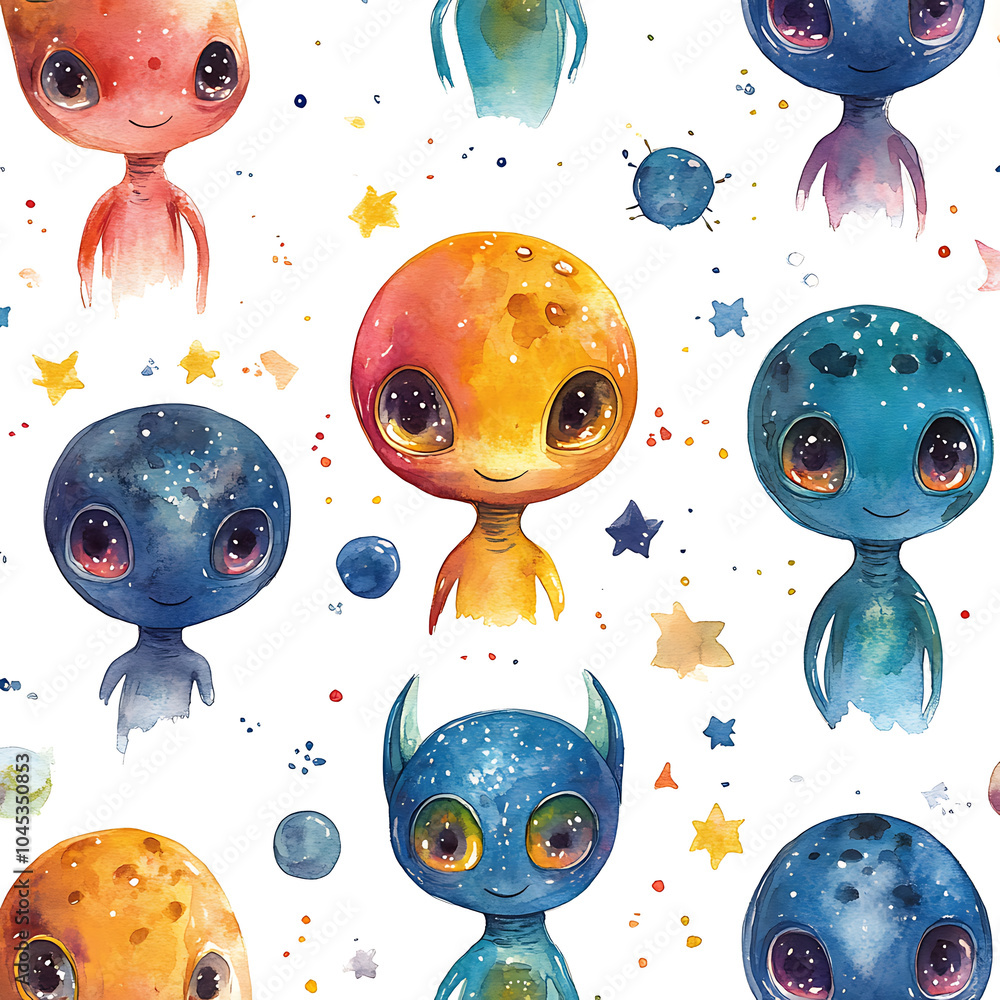 Poster cute aliens pattern features colorful, whimsical extraterrestrial characters surrounded by stars and