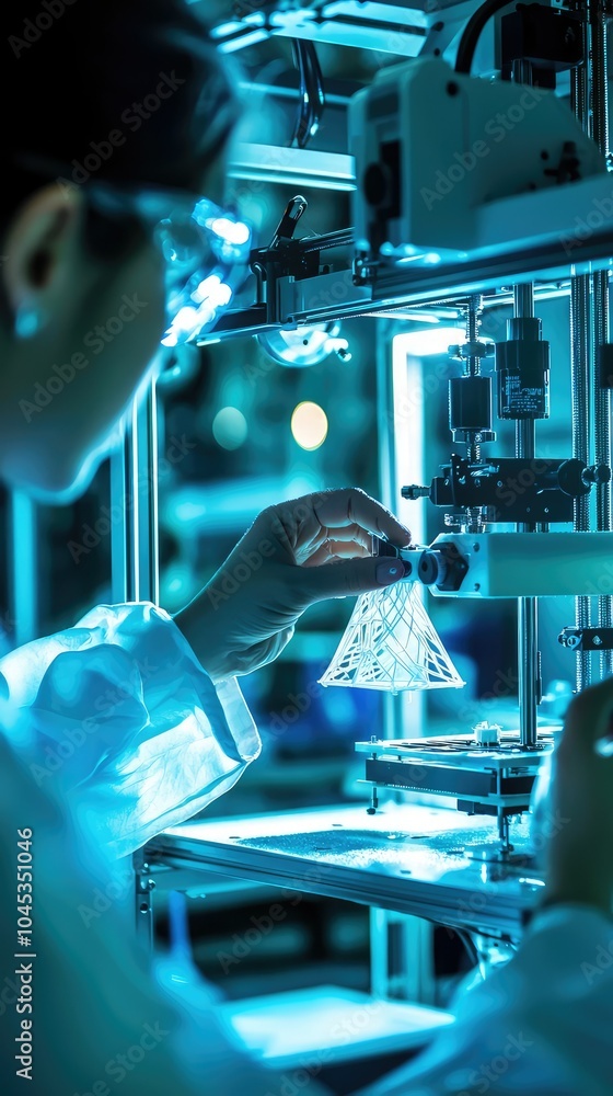 Poster technician setting up high-tech 3d printer in laboratory