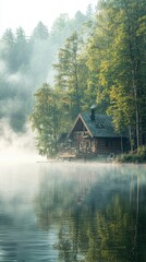 Fototapeta premium Cozy Lakeside Cabin in a Tranquil Nature Retreat