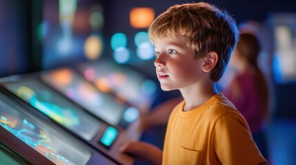 Fototapeta premium Curious boy exploring interactive exhibit, engaged with colorful displays in a fun learning environment.