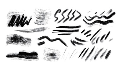 Hand drawn collection of Black Charcoal pencil squiggles, rough brush strokes, scribbles, bold zigzag line and swirls isolated on white background