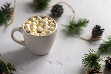 cup of coffee with marshmallow on the white background with a pine brunch