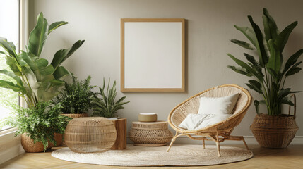 bohemian living room decor with natural elements and tropical plants