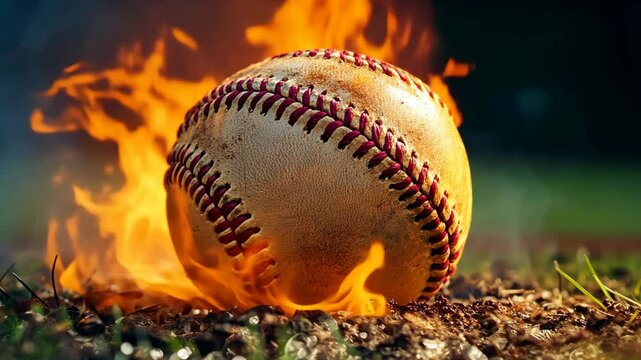 A baseball is engulfed in flames on a baseball field