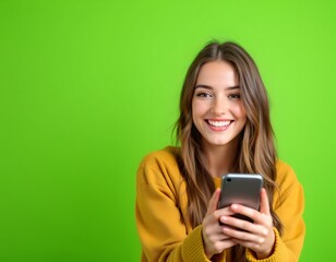 Fototapeta premium Portrait of attractive cheerful amazed girl using device gadget app smm post isolated over bright green color background