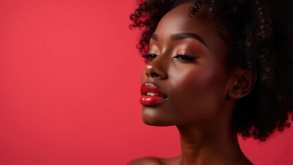 A beautiful African American woman with a bright red lipstick looks away from the camera against a bright red backdrop with copy space.
