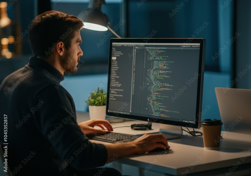 Poster young software developer is working late at night, concentrating on writing code on his computer