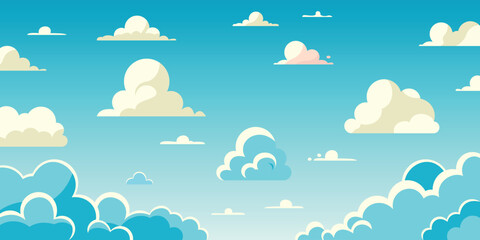 Illustration of a blue sky with white, beige and blue clouds of various shapes, in a cartoon style.