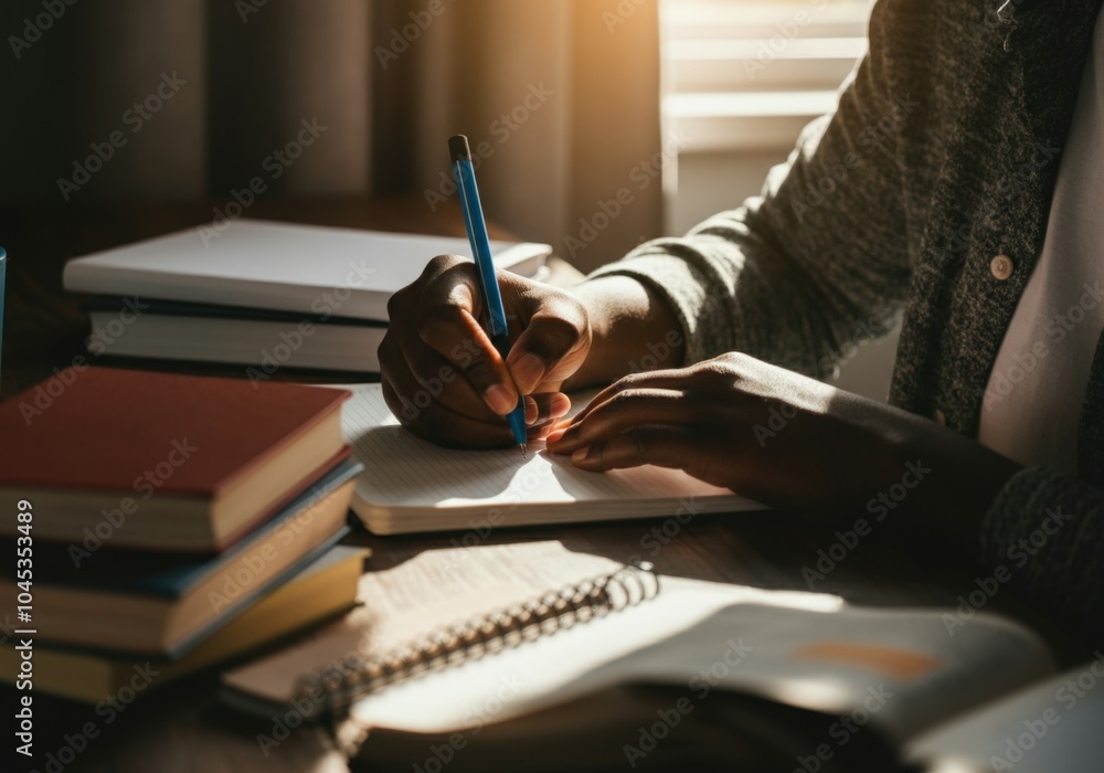 Poster student is taking notes in a notebook from a textbook, illuminated by sunlight