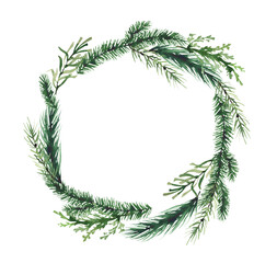 Watercolor Christmas green fir tree branches wreath border frame. Winter Evergreen twigs of thuja, pine, juniper. New Year hand drawn illustration. Watercolour artistic template design.