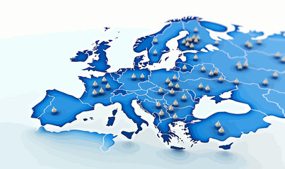 Europe 3d map with gps pins  on transparent background