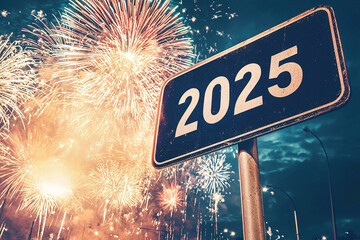 closeup blue road sign with inscription 2025 against background of fireworks in night sky