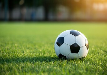 Obraz premium Classic black and white soccer ball sitting on a vibrant green grass field, bathed in the golden glow of the evening sun