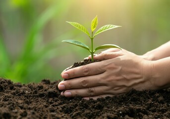 Gardener is planting a small tree in fertile soil on a sunny day