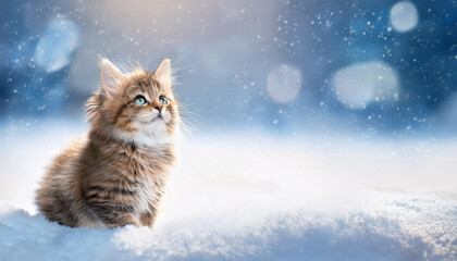 A fluffy kitten sitting upright in the snow gazing