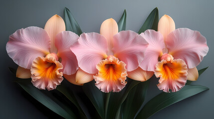Fototapeta premium A delicate close-up of a blooming cattleya orchid in a spring garden, showcasing the beauty of nature with its bright petals .