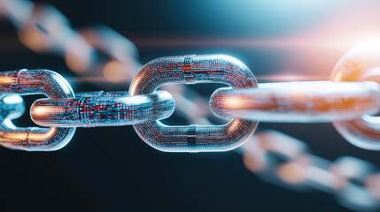 macro shot of vibrant chains linking together, showcasing intricate details and futuristic design. glowing elements create sense of connection and strength