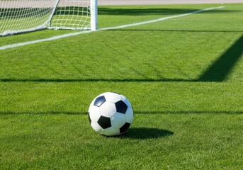 Classic black and white soccer ball lying on a lush green field, with the goal and penalty area visible in the background