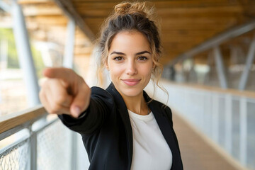 
Businesswoman pointing forward with a determined look, leading with purpose,