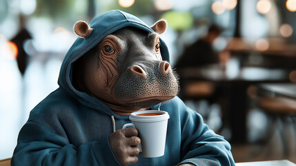 Snarky baby hippo in hoodie holding coffee cup, sitting in casual cafe setting. scene captures whimsical and humorous moment, perfect for animal lovers