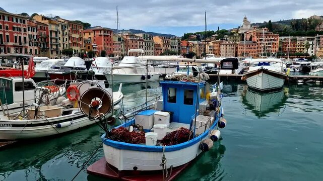 Liguria, Italy. Scenic town Santa Margherita Ligure with charming port. Popular tourist destination for summer holidays.  4k hd video